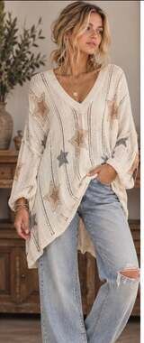 POL Oversized Star Print Open Knit Boho Sweater Cream Large